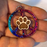 Handcrafted Wooden Peace Sign Earrings with Glitter Rainbow Vinyl and Paw Print, .925 Silver Plated Wire