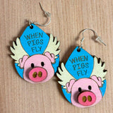 3D When Pigs Fly Hand Painted Wood Earrings