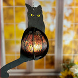 Cat-Shaped Wood Lantern with Stained Glass Belly – A Whimsical Touch for Your Home!