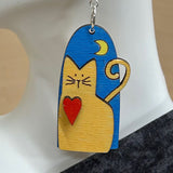 3D Cat and Moon Design Earrings - Artisan Handpainted Wood Whimsical Jewelry - Unique Wooden Statement Piece