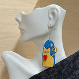 3D Cat and Moon Design Earrings - Artisan Handpainted Wood Whimsical Jewelry - Unique Wooden Statement Piece
