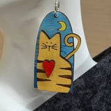 3D Cat and Moon Design Earrings - Artisan Handpainted Wood Whimsical Jewelry - Unique Wooden Statement Piece