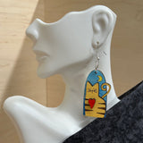 3D Cat and Moon Design Earrings - Artisan Handpainted Wood Whimsical Jewelry - Unique Wooden Statement Piece