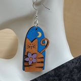3D Cat and Moon Design Earrings - Artisan Handpainted Wood Whimsical Jewelry - Unique Wooden Statement Piece