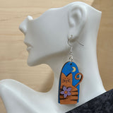 3D Cat and Moon Design Earrings - Artisan Handpainted Wood Whimsical Jewelry - Unique Wooden Statement Piece