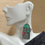 3D Cat and Moon Design Earrings - Artisan Handpainted Wood Whimsical Jewelry - Unique Wooden Statement Piece