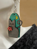3D Cat and Moon Design Earrings - Artisan Handpainted Wood Whimsical Jewelry - Unique Wooden Statement Piece