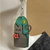 3D Cat and Moon Design Earrings - Artisan Handpainted Wood Whimsical Jewelry - Unique Wooden Statement Piece