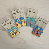 3D Cat and Moon Design Earrings - Artisan Handpainted Wood Whimsical Jewelry - Unique Wooden Statement Piece