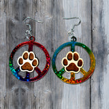 Handcrafted Wooden Peace Sign Earrings with Glitter Rainbow Vinyl and Paw Print, .925 Silver Plated Wire