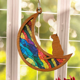 Wood & Stained Glass Cat on the Moon Sun Catcher - Perfect for Kitty Lovers!