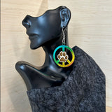 Holographic rainbow Peace sign earrings with paw print