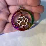 Handcrafted Wooden Peace Sign Earrings with Glitter Rainbow Vinyl and Paw Print, .925 Silver Plated Wire