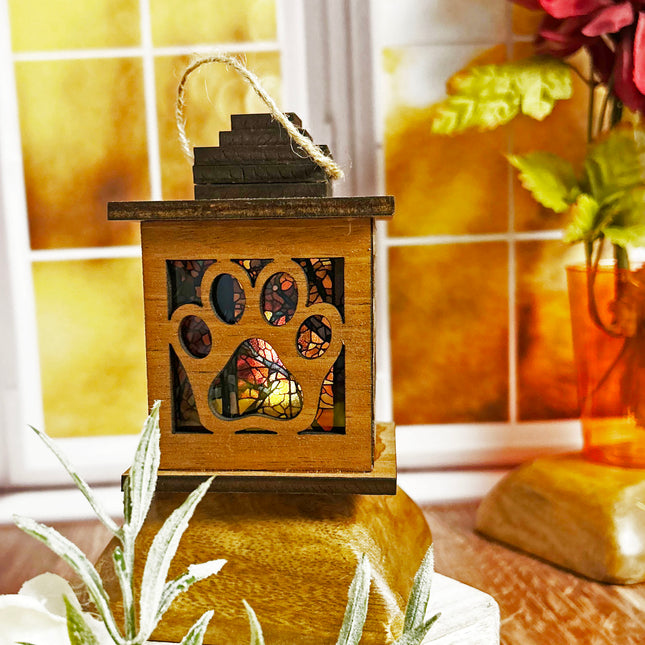 Mahogany Wood Tealight Lantern with Elegant Paw Print Cutouts and Stained Glass Insert