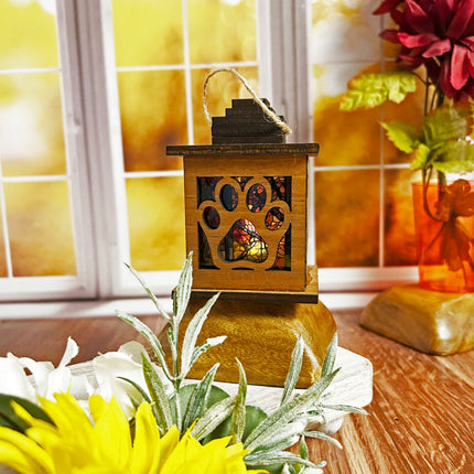 Mahogany Wood Tealight Lantern with Elegant Paw Print Cutouts and Stained Glass Insert