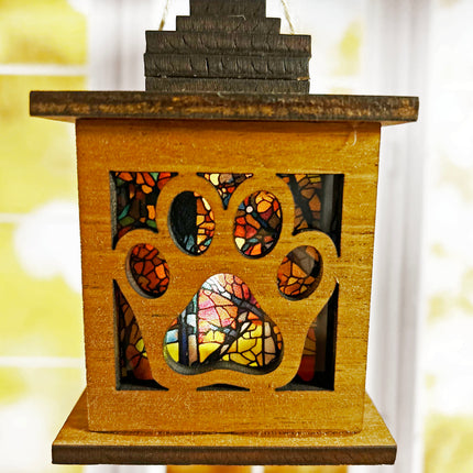 Mahogany Wood Tealight Lantern with Elegant Paw Print Cutouts and Stained Glass Insert