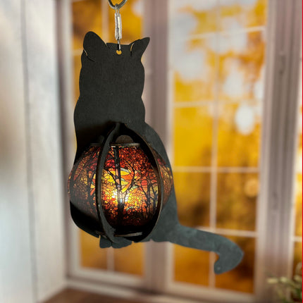 Cat-Shaped Wood Lantern with Stained Glass Belly – A Whimsical Touch for Your Home!