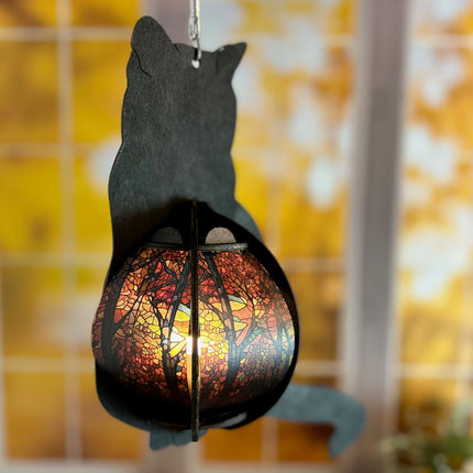 Cat-Shaped Wood Lantern with Stained Glass Belly – A Whimsical Touch for Your Home!