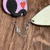 Cat & Heart "Meow" Hand-Painted 3D Wood Earrings