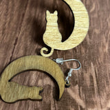 Cat and Moon Cut Out Wood Earrings