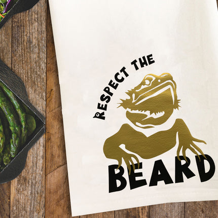 Respect the Beard / Bearded Dragon Tea Towel / Bearded Dragon Themed Flour Sack Cotton Kitchen Towel