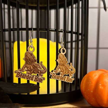 Bearded Dragon Halloween Earrings | "Bearded Bite" Engraved Wood