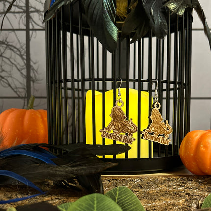 Bearded Dragon Halloween Earrings | "Bearded Bite" Engraved Wood