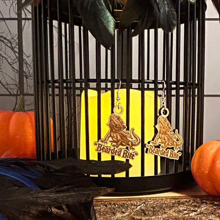 Bearded Dragon Halloween Earrings | "Bearded Bite" Engraved Wood