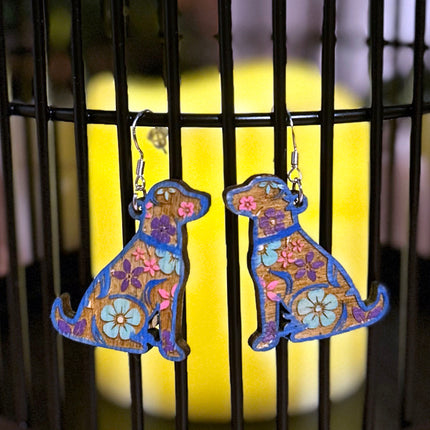 Engraved Flower Dog Hand Painted Wood Earrings