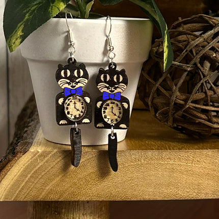 Earrings - Cat Clock Earrings with Blue Bow Tie – Whimsical Cat Lover Jewelry