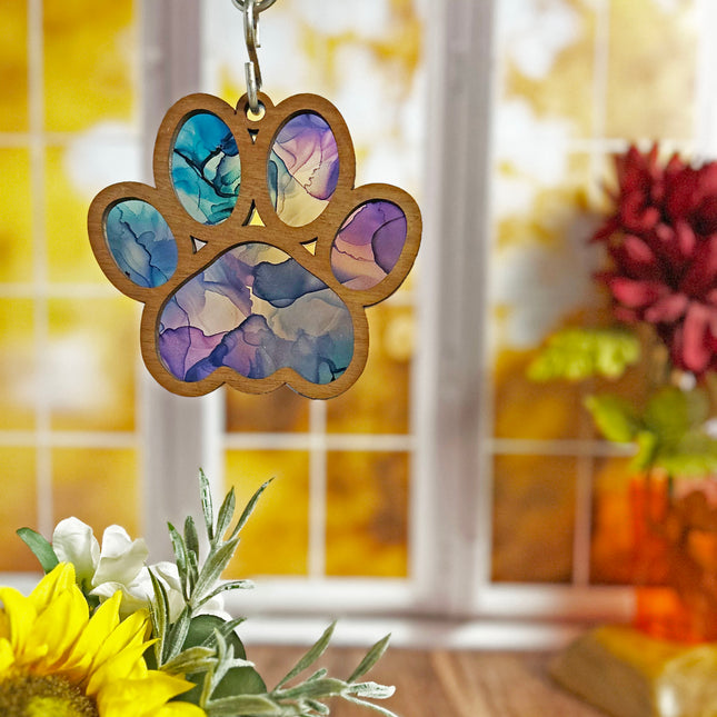 Charming Wood & Stained Glass Paw Print Sun Catcher - Perfect for Pet Lovers!