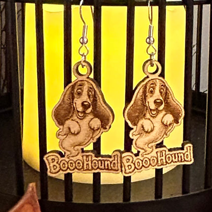 Ghost Hound Dog Earrings | "BoooHound" Engraved Wood Halloween