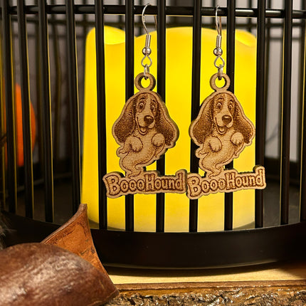 Ghost Hound Dog Earrings | "BoooHound" Engraved Wood Halloween