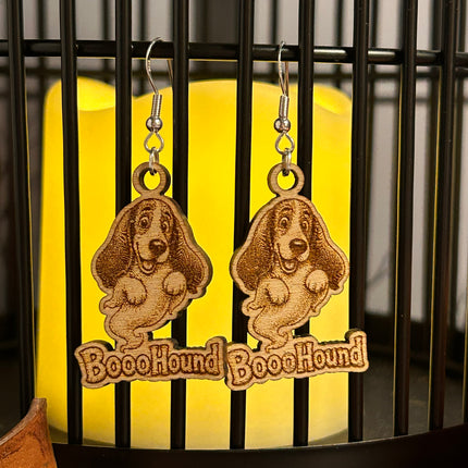 Ghost Hound Dog Earrings | "BoooHound" Engraved Wood Halloween