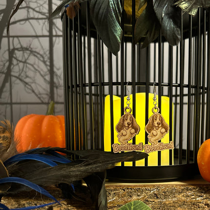 Ghost Hound Dog Earrings | "BoooHound" Engraved Wood Halloween