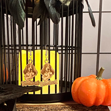 Ghost Hound Dog Earrings | "BoooHound" Engraved Wood Halloween