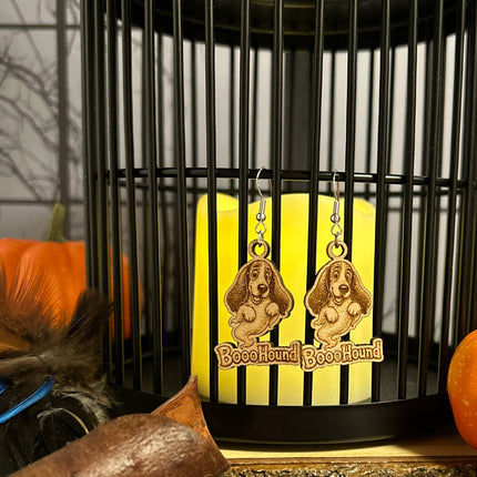 Ghost Hound Dog Earrings | "BoooHound" Engraved Wood Halloween