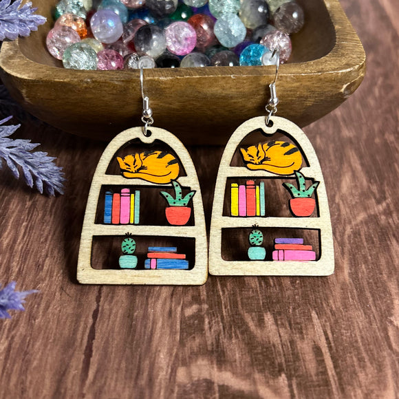 Cozy Bookshelf Earrings with Sleeping Cat – Hand-Painted with Sterling Silver Hooks
