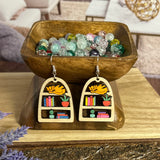 Cozy Bookshelf Earrings with Sleeping Cat – Hand-Painted with Sterling Silver Hooks