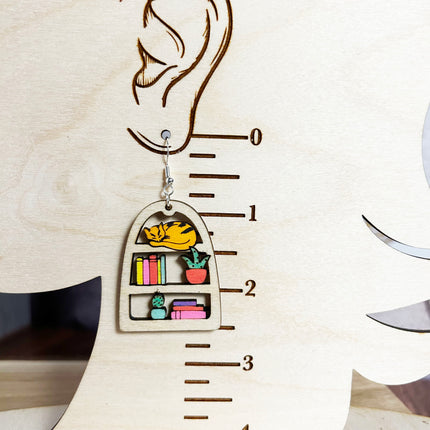 Cozy Bookshelf Earrings with Sleeping Cat – Hand-Painted with Sterling Silver Hooks