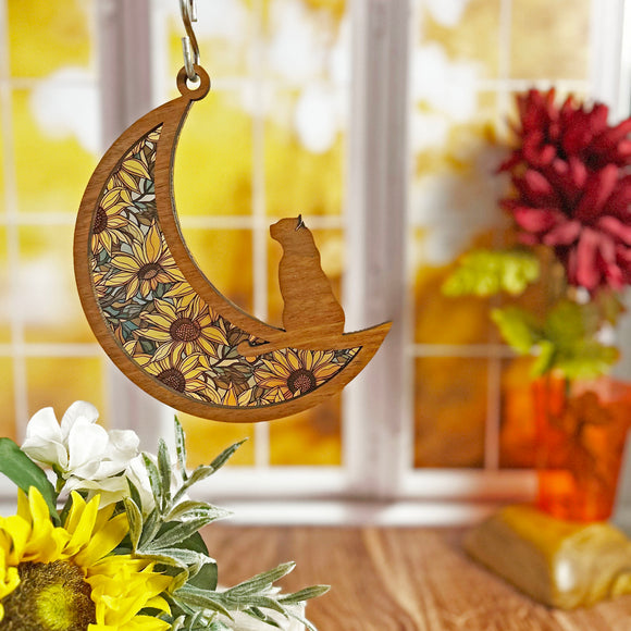 Wood & Stained Glass Cat on the Moon Sun Catcher - Perfect for Kitty Lovers!