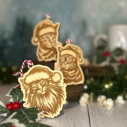Cats in Santa Hats Engraved Ornaments Maple Plywood