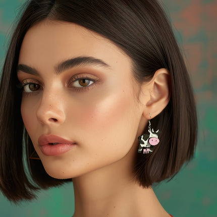 Woman wearing hand-painted birchwood cow earrings with sterling silver hooks