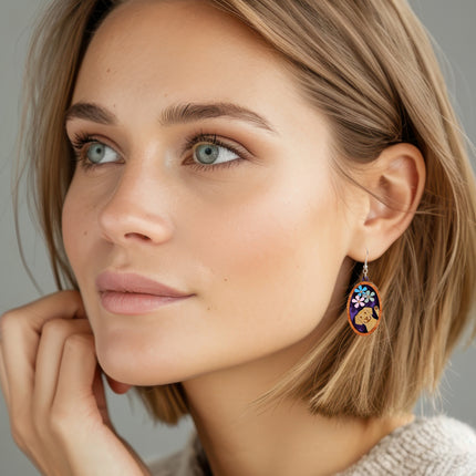 3D Dog & Flowers Cameo Earrings – Hand-Painted Lightweight Wood Jewelry