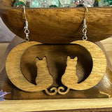 Cat and Moon Cut Out Wood Earrings