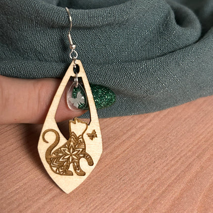 Earrings - Wood Mosaic Cat Earrings with Butterfly Charm – Sterling Silver Hooks 🐱🦋