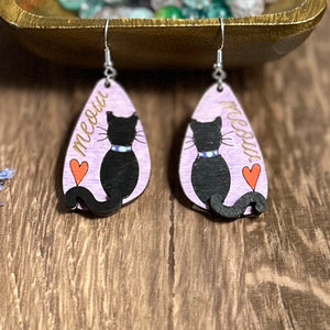 Cat & Heart "Meow" Hand-Painted 3D Wood Earrings