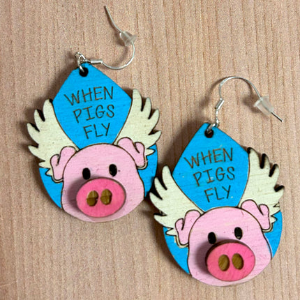 3D When Pigs Fly Hand Painted Wood Earrings