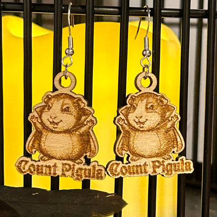 Guinea Pig Vampire Earrings | "Count Pigula" Halloween Engraved Wood