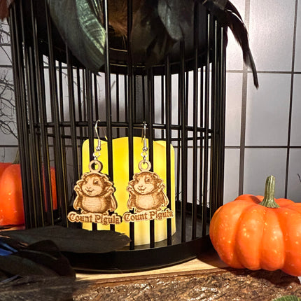 Guinea Pig Vampire Earrings | "Count Pigula" Halloween Engraved Wood